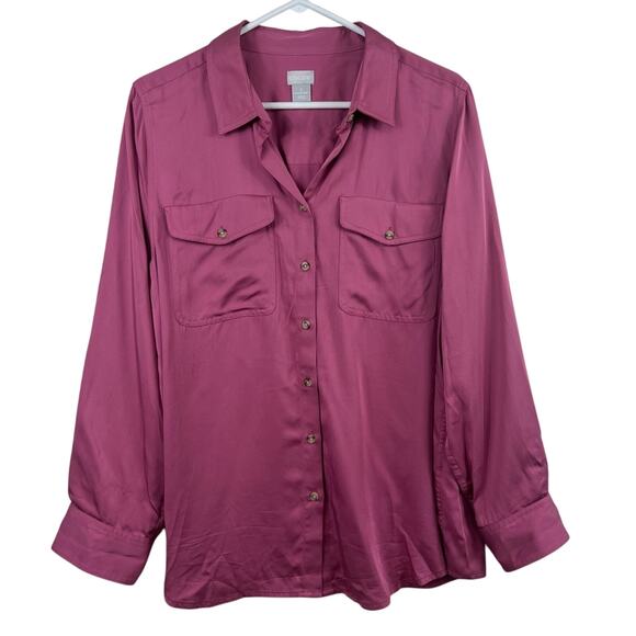 Chico's Sandwashed Satin Shirt 100% Modal Size 16/18 Pinkish Purple Button Up - Picture 1 of 10